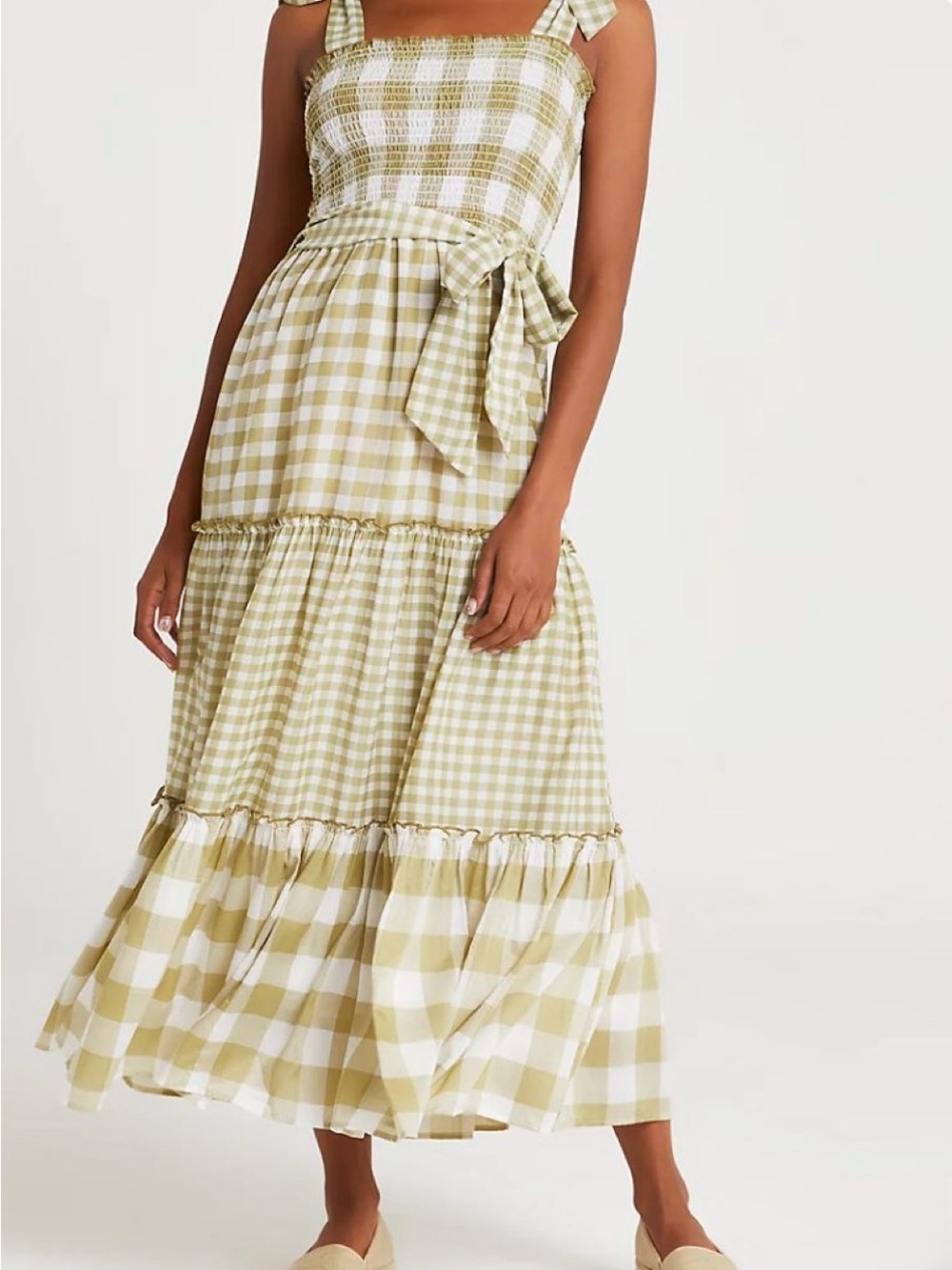 Altar’d State Smocked Gingham Maxi Dress - Olive & White MISSING BELT